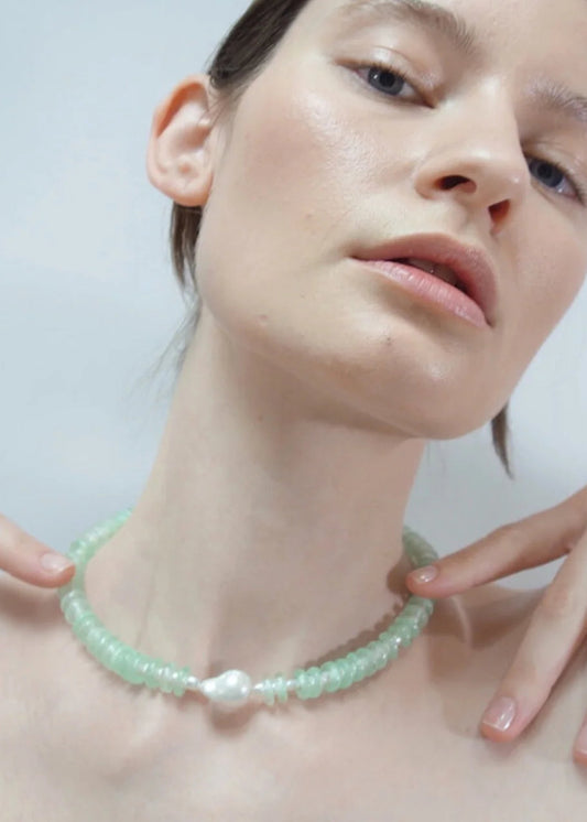 Mint and Freshwater Pearl Rondelle Wave Necklace