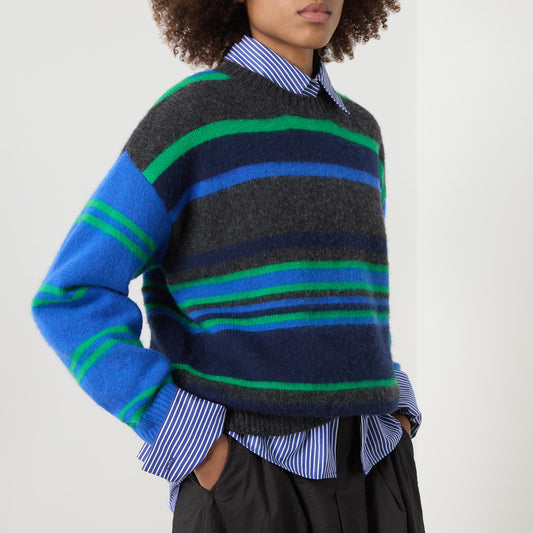 Rene Merino Wool Crew Jumper in Blue/Green Stripe