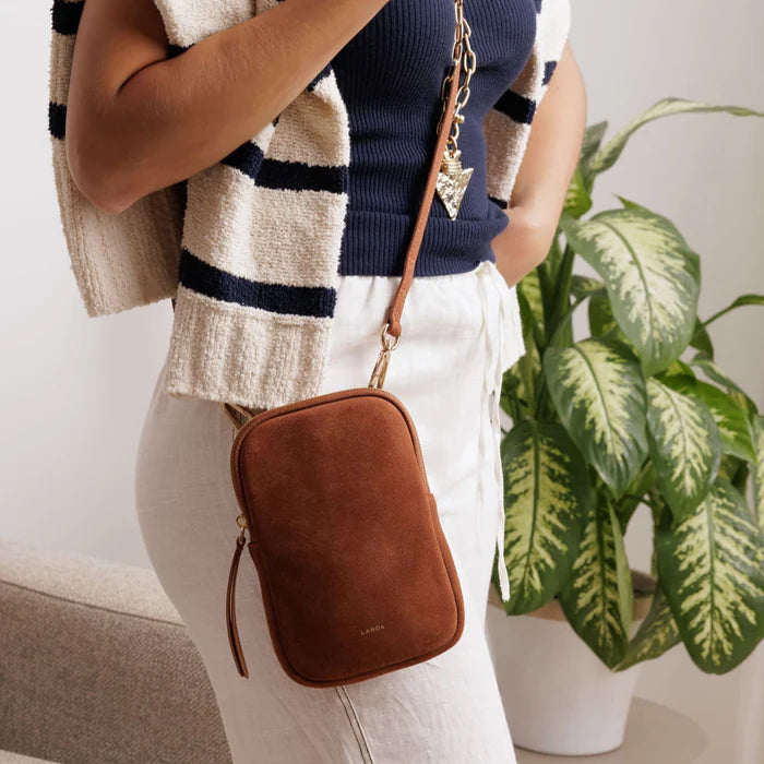 Cassia Phone Bag in Suede Tan