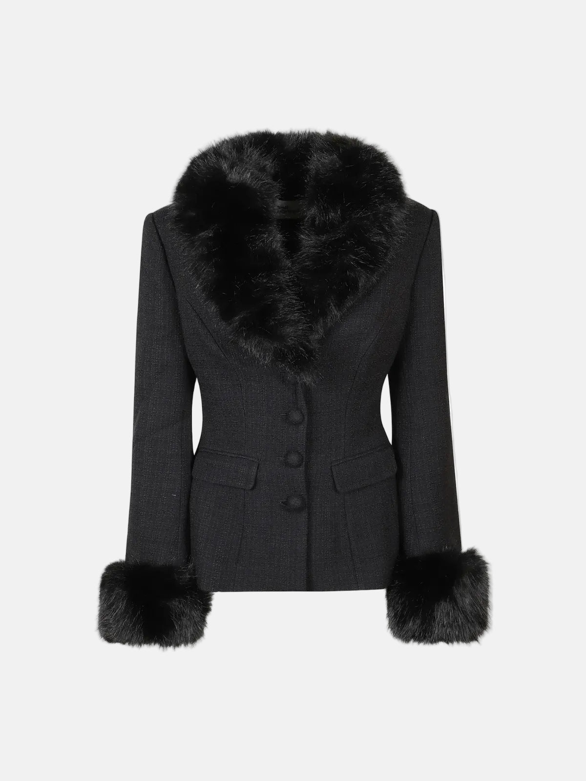 Black Tailored Boucle Fur Jacket in Black
