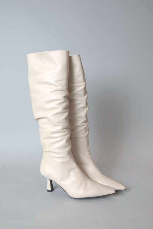 Mar Knee High Boots in Ruched White Leather