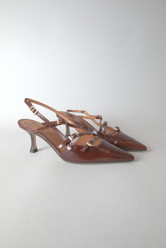 Patent Leather Slingbacks with Buckles in Brown