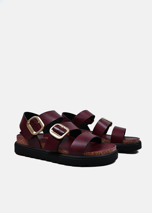 Cadiz Triple Strap Sandals in Burgundy