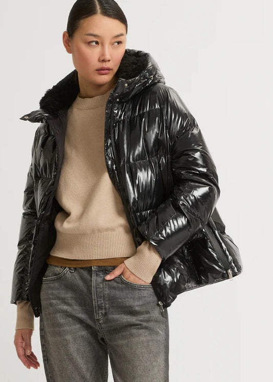 Hooded Down Jacket High Shine Ski