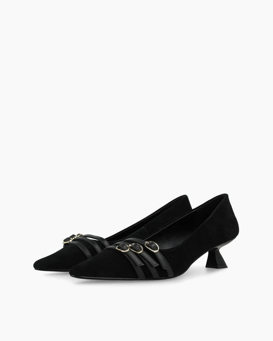 Roma Triple Buckle Heels in Black Suede