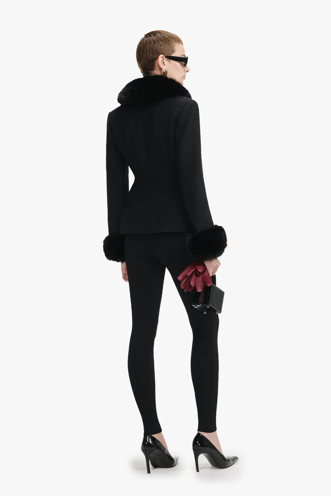 Black Tailored Boucle Fur Jacket in Black