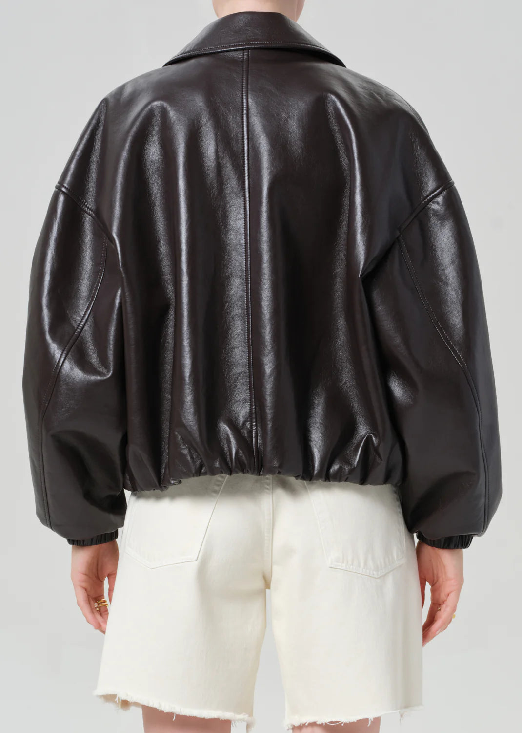 Bubble Hem Leather Bomber Jacket in Chocolate Dark Brown