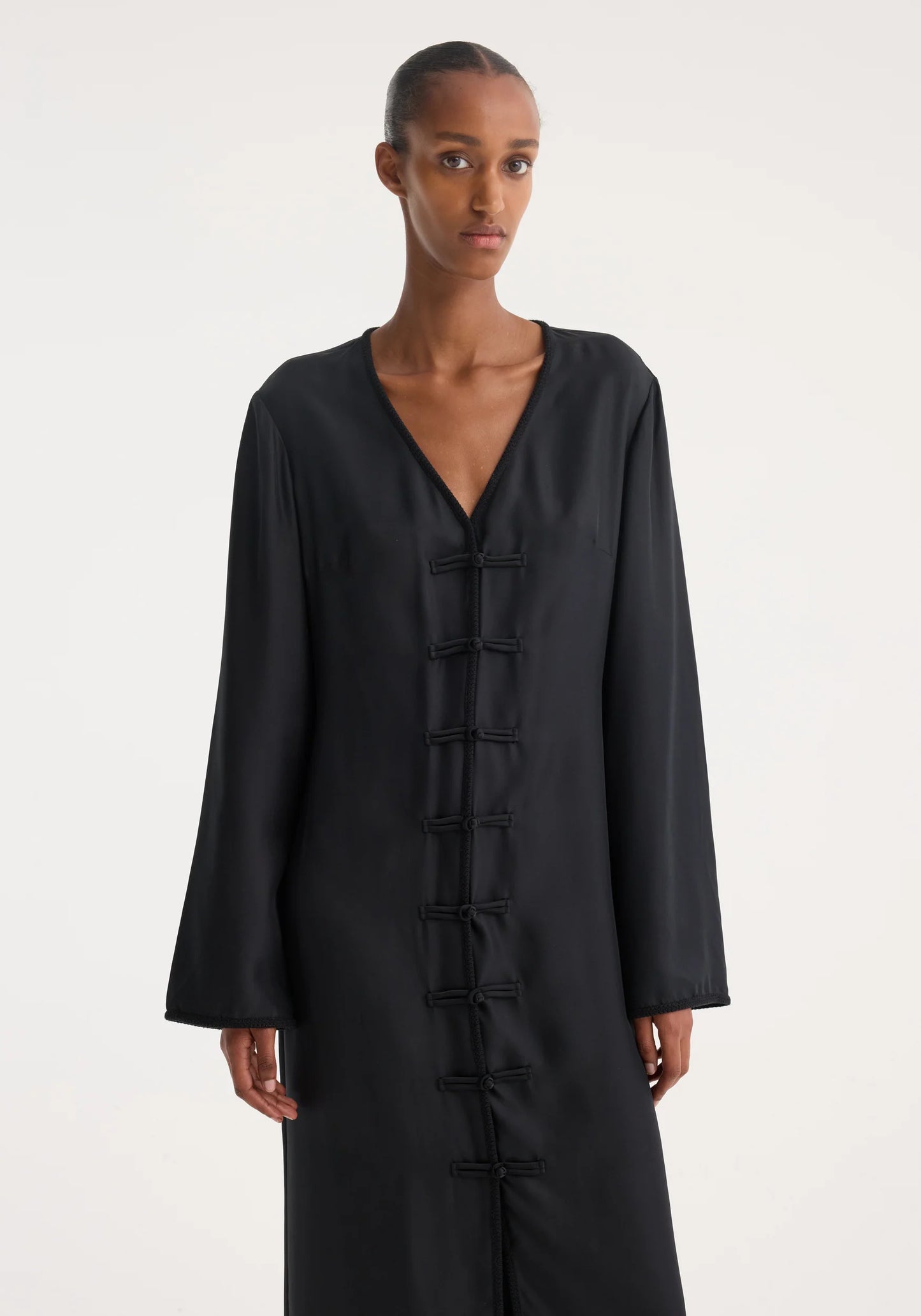 Mandarin Silk Closure Dress in Black