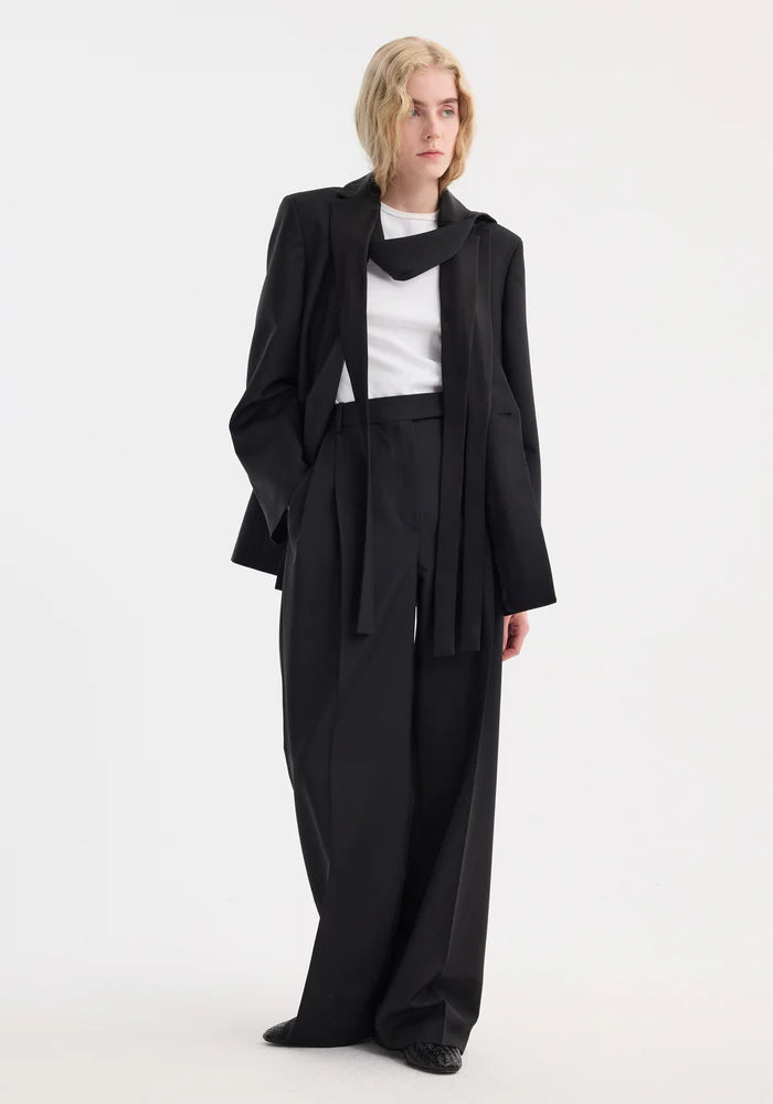 Deconstructed Satin Lapel Suit Jacket in Black