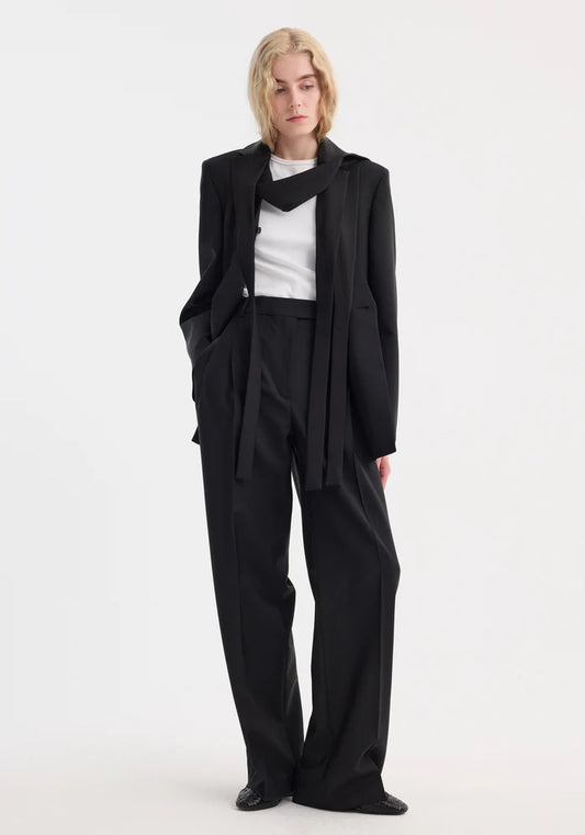 Deconstructed Satin Lapel Suit Jacket in Black