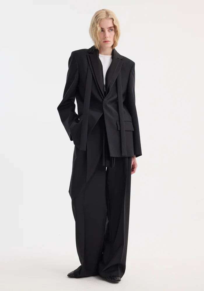 Deconstructed Satin Lapel Suit Jacket in Black