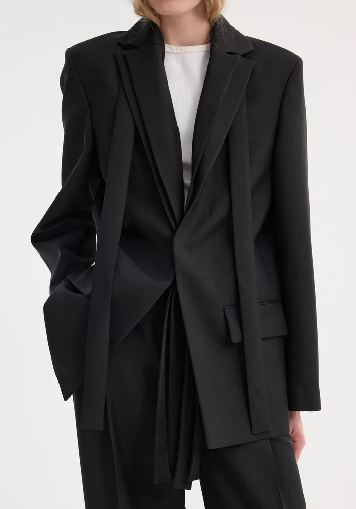 Deconstructed Satin Lapel Suit Jacket in Black