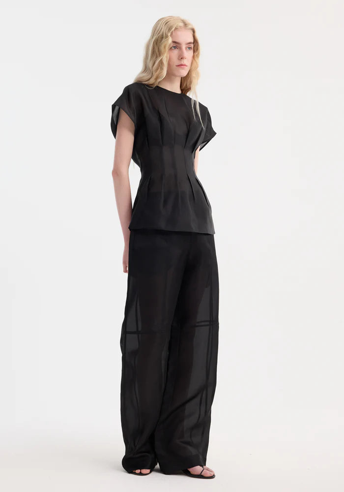 Pleated Waistline Organza Silk Top in Black