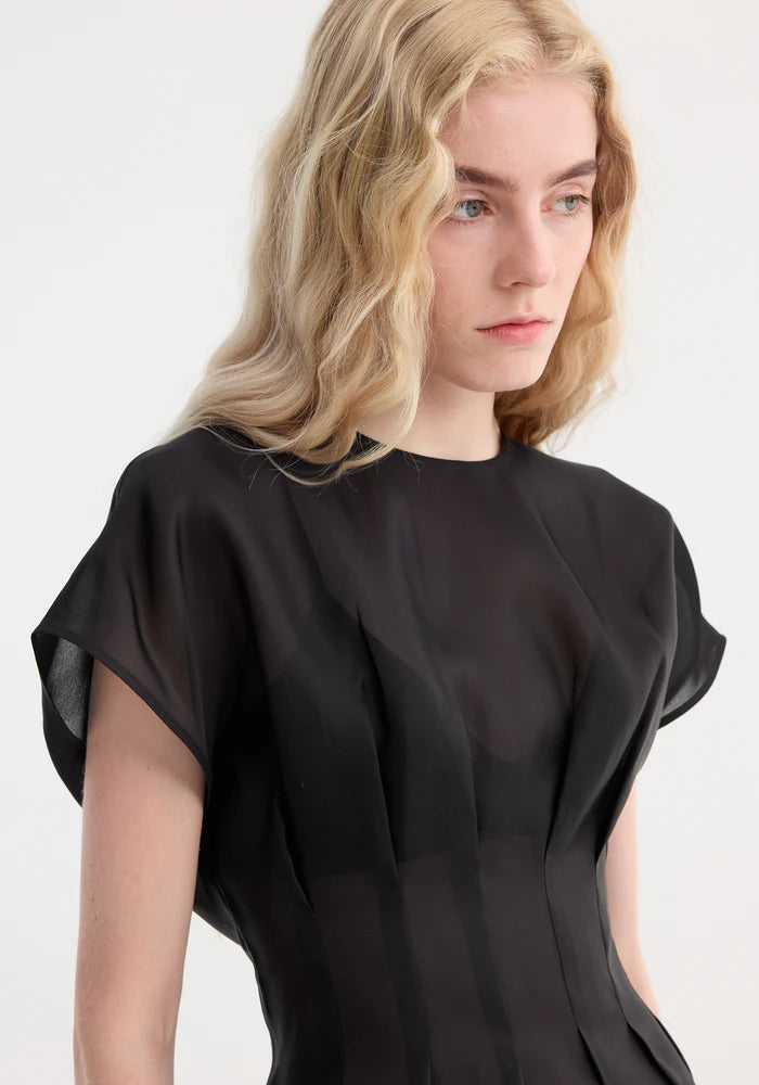 Pleated Waistline Organza Silk Top in Black