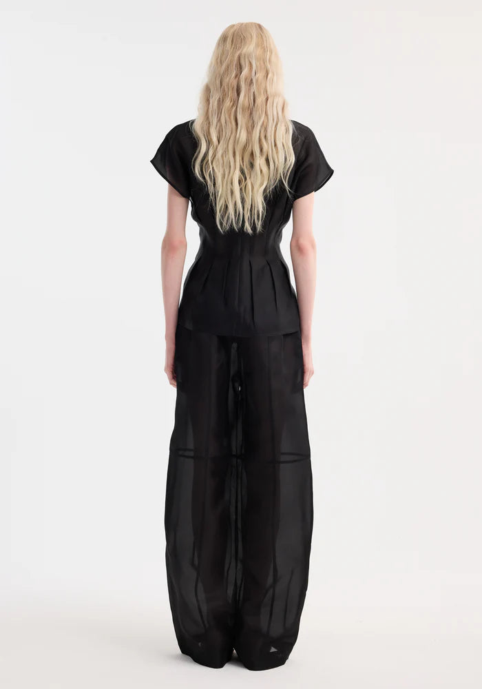 Pleated Waistline Organza Silk Top in Black