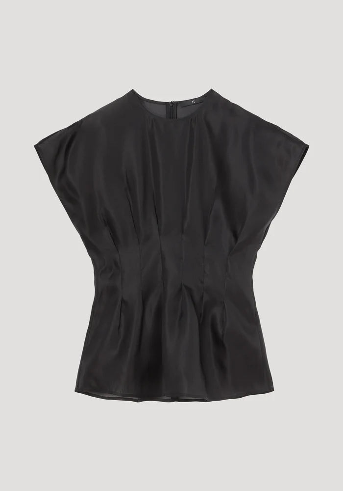 Pleated Waistline Organza Silk Top in Black