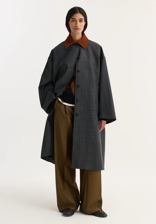 Suede Collar Check Coat in Black/Grey