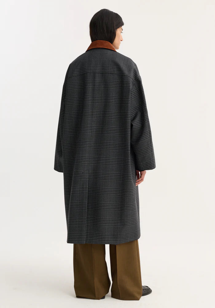 Suede Collar Check Coat in Black/Grey