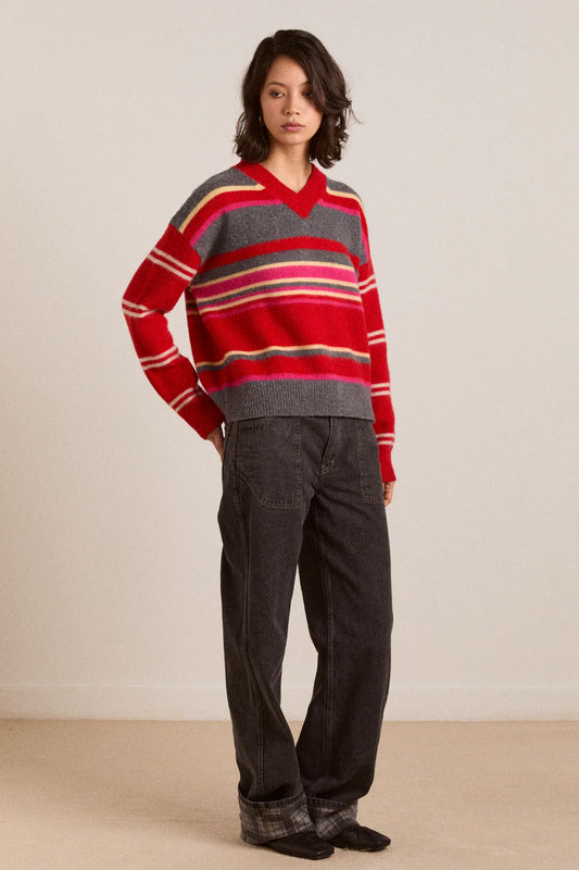 Rene Merino Wool V Jumper in Pink/Red Stripe