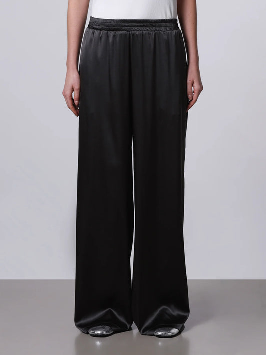 Elasticated Wide Leg Silk Pants in Black
