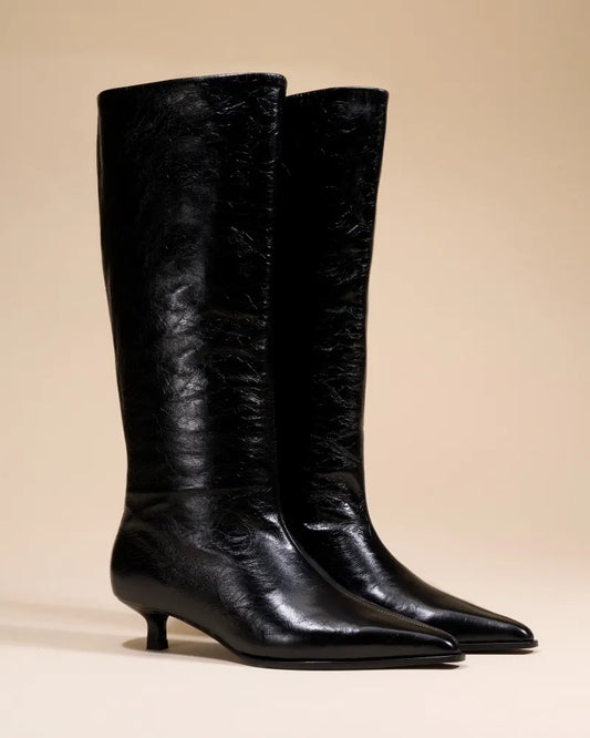 Vivienne Low Heeled Boots with Pointed Toes in Crinkled Black Leather