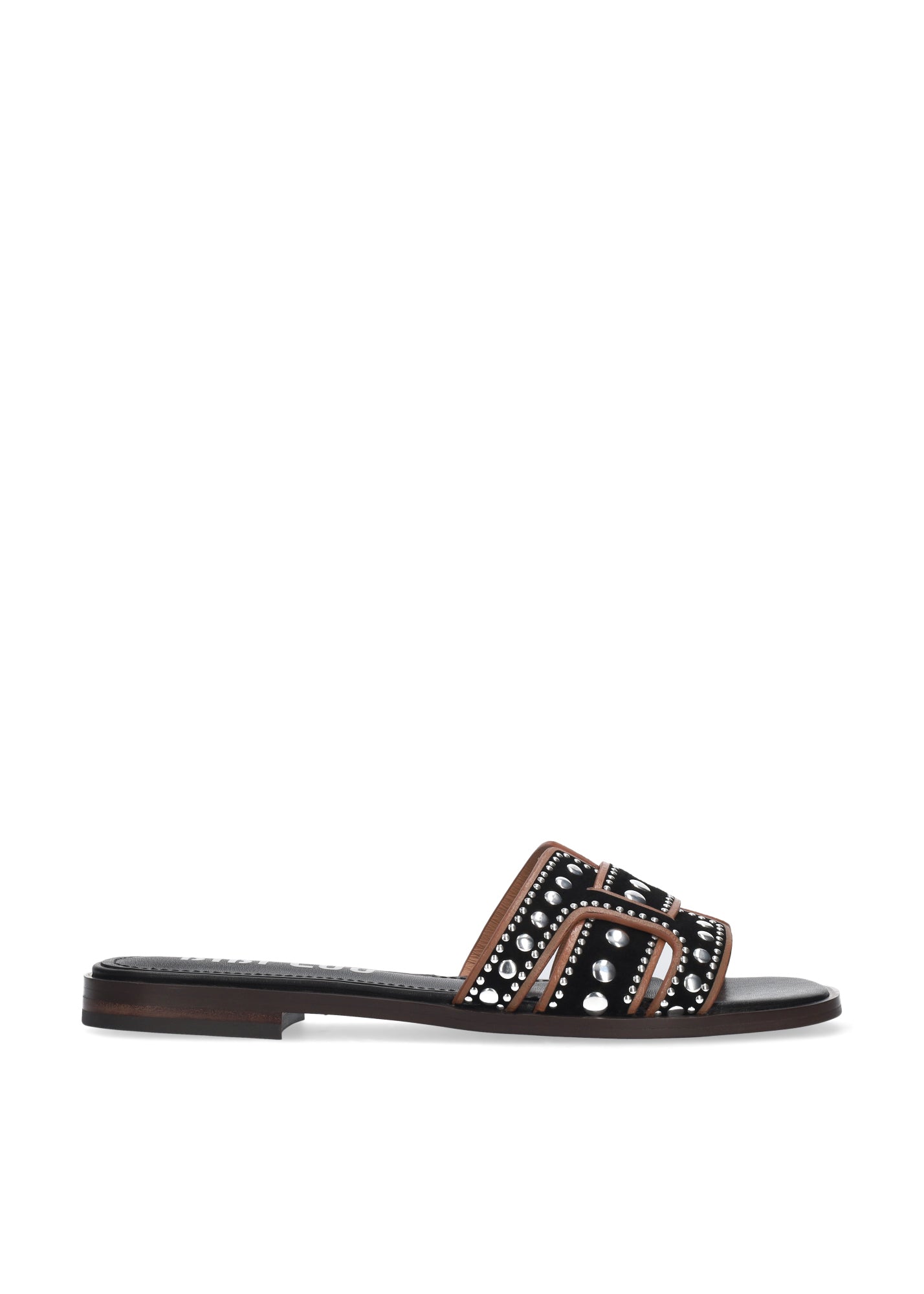 HOLLY FLAT- BLACK AND TAN SUEDE WITH STUDS - BIBI LOU