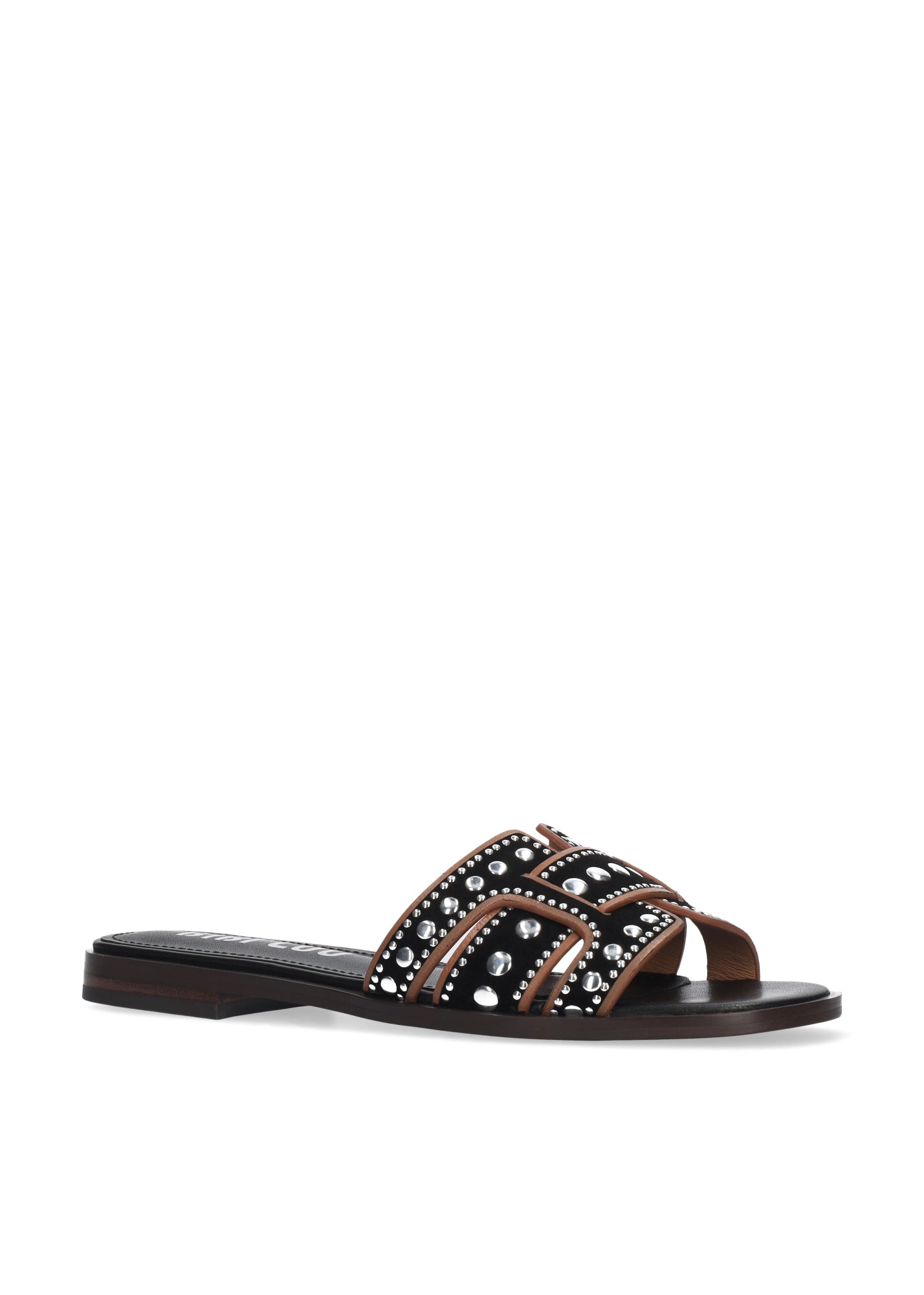 HOLLY FLAT- BLACK AND TAN SUEDE WITH STUDS - BIBI LOU