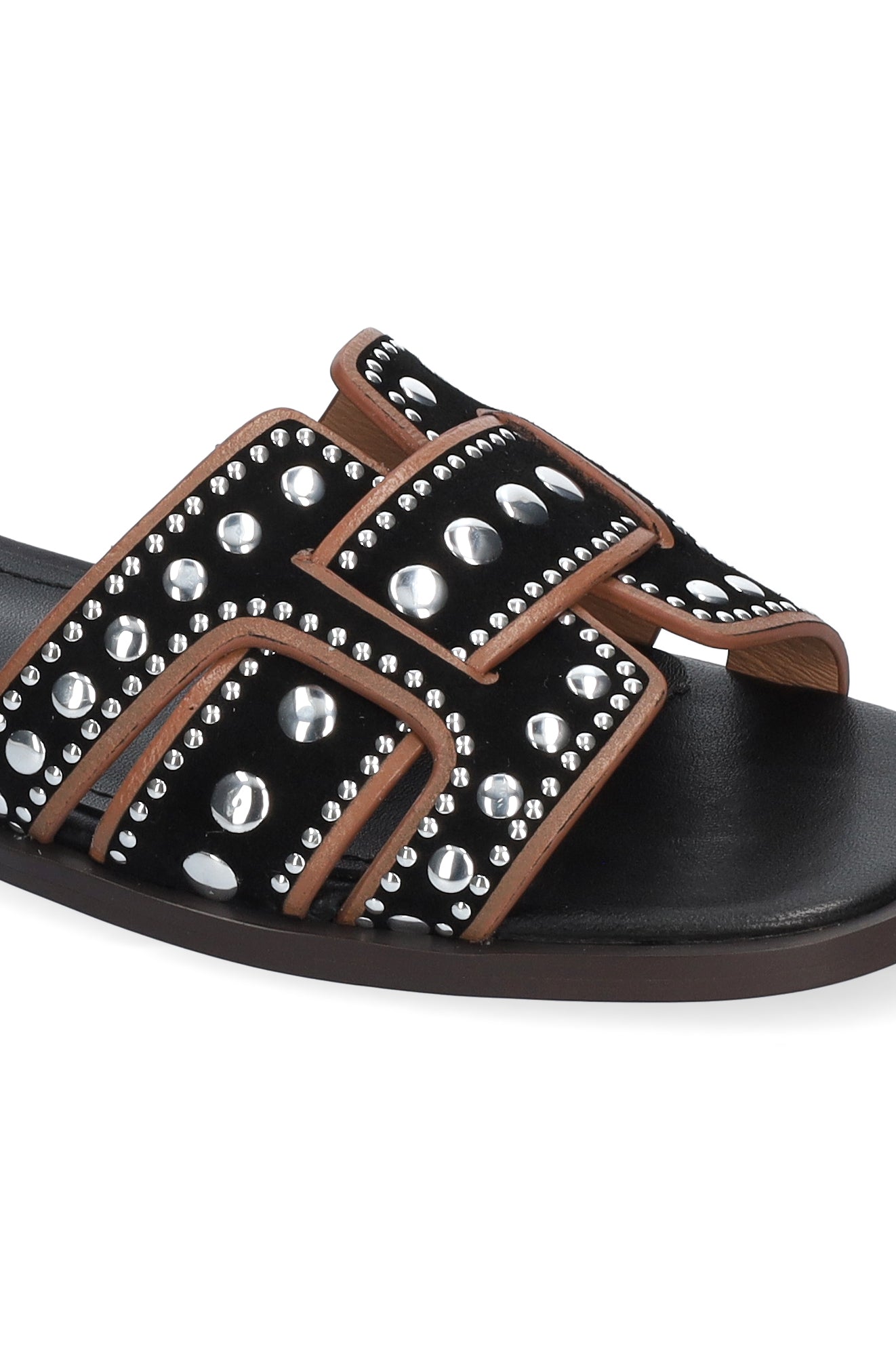 HOLLY FLAT- BLACK AND TAN SUEDE WITH STUDS - BIBI LOU