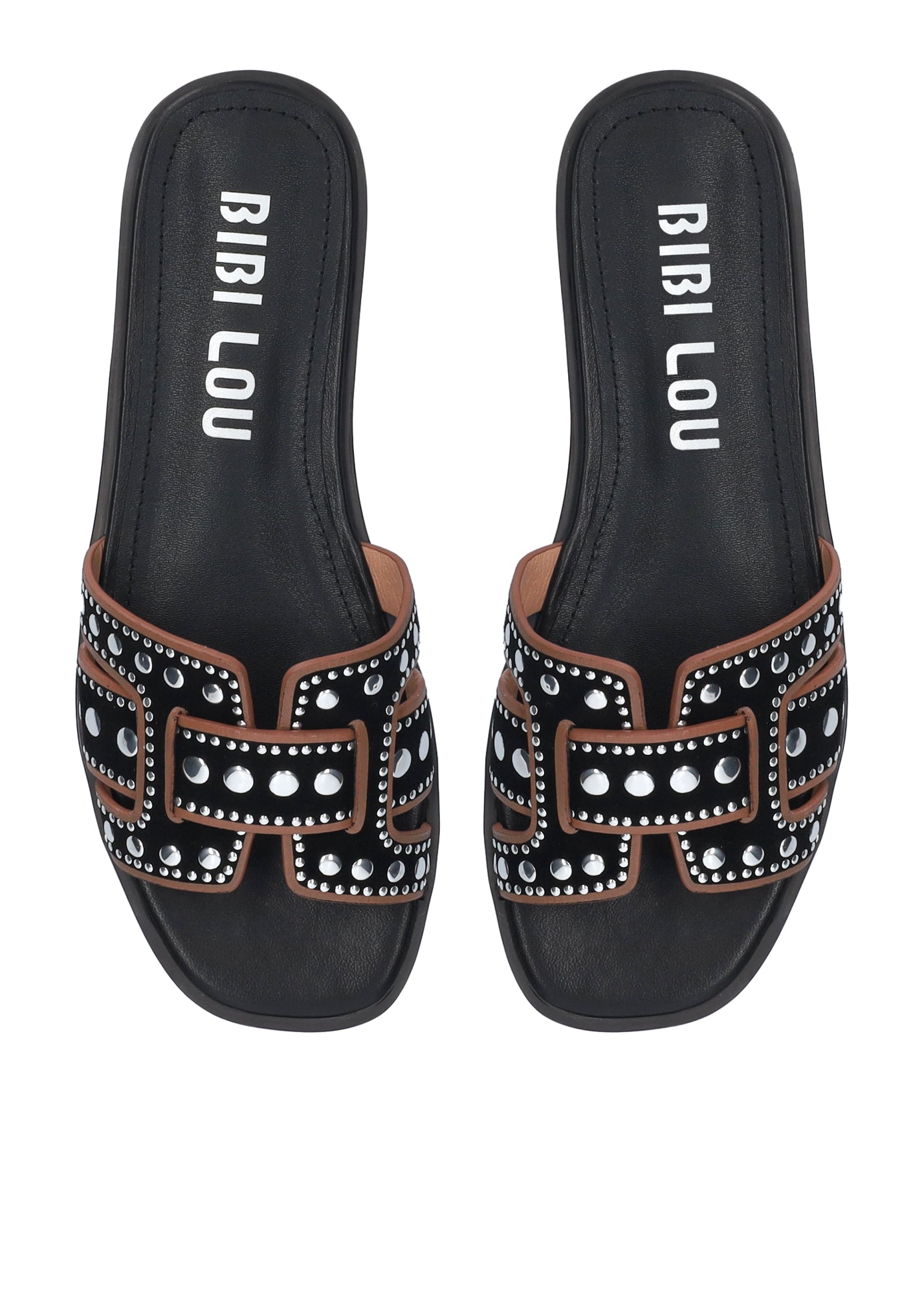 HOLLY FLAT- BLACK AND TAN SUEDE WITH STUDS - BIBI LOU
