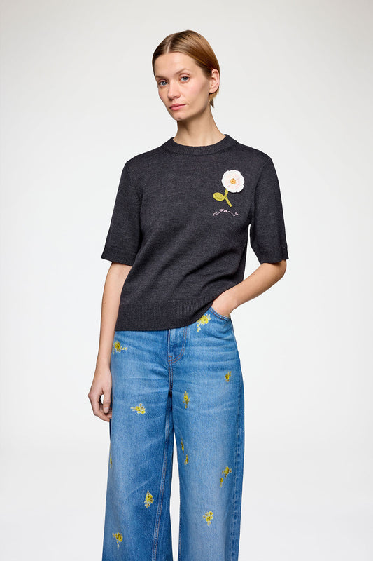 Crochet Applique Merino Tee in Phantom