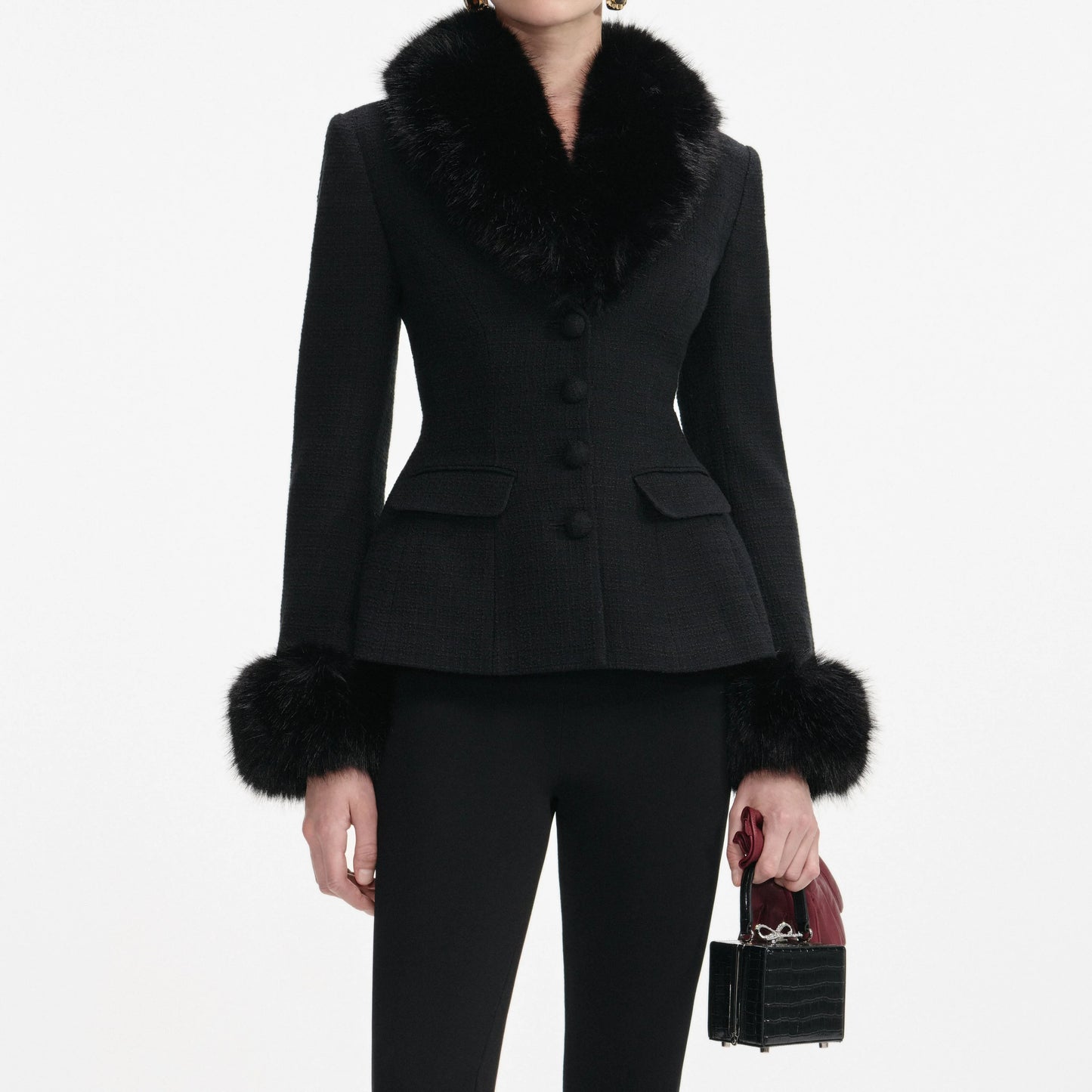 Black Tailored Boucle Fur Jacket in Black