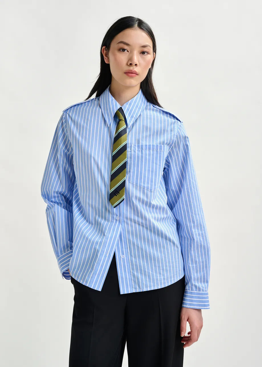 Striped Shirt with Removeable Tie in Blue and White
