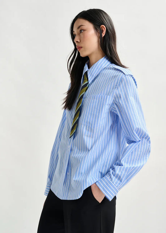 Striped Shirt with Removeable Tie in Blue and White