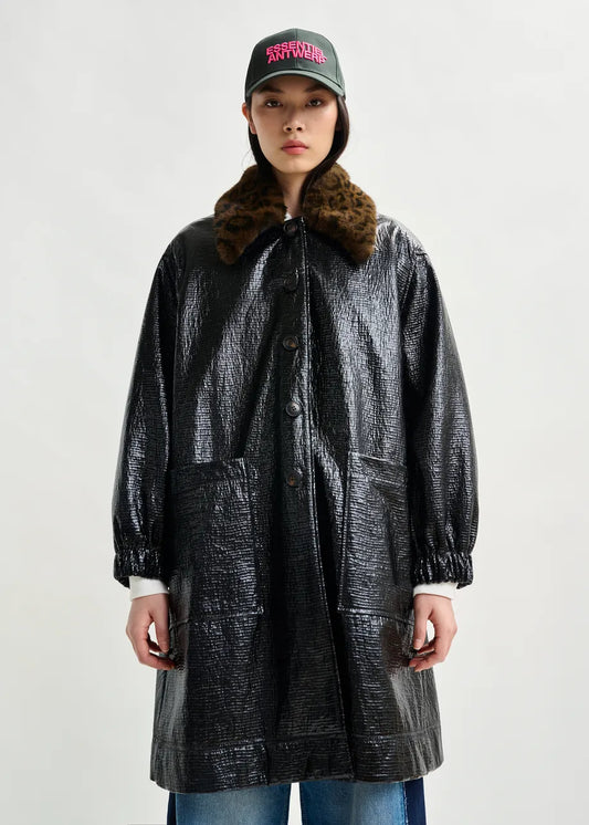 Black Glossy Coat with Leopard Print Faux Fur Collar