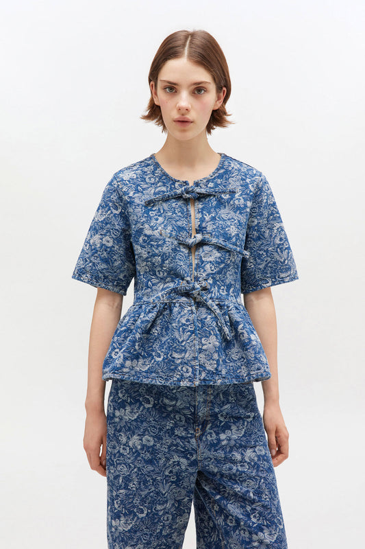 Peplum Blouse in Blue Tapestry