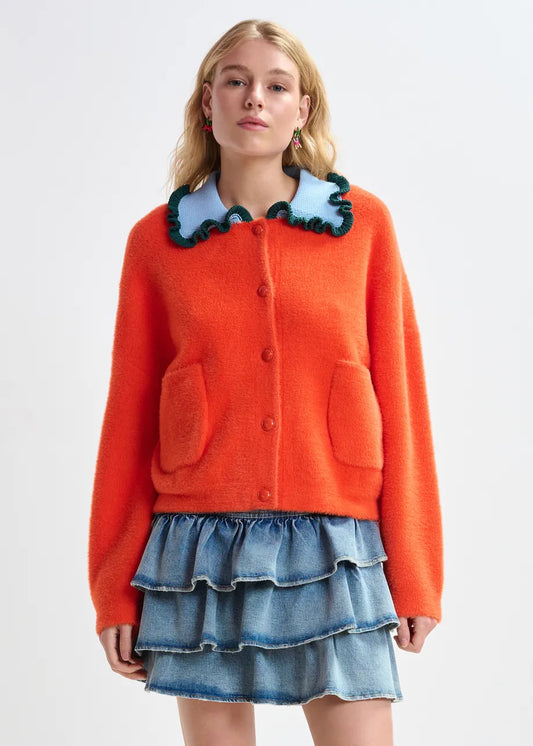 Cardigan with Contrastring Ruffle Collar in Orange