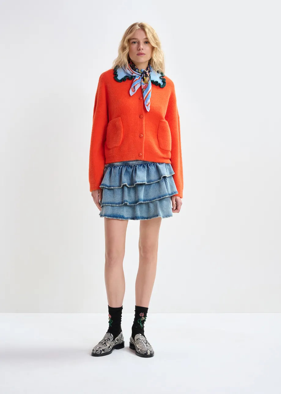 Cardigan with Contrastring Ruffle Collar in Orange