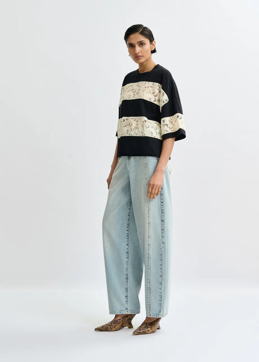 Jemix Striped Lace T-Shirt in Black