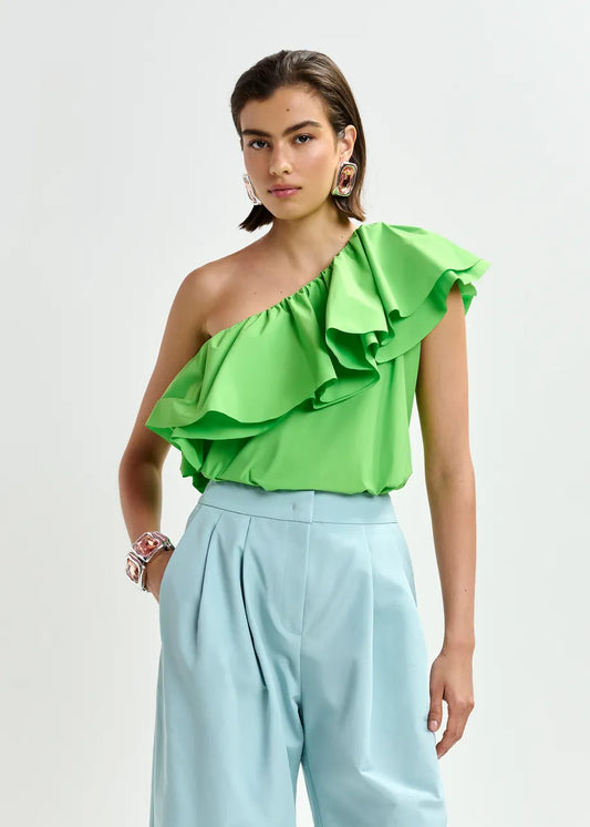 Jillian Asymmetric Ruffle Top in Green