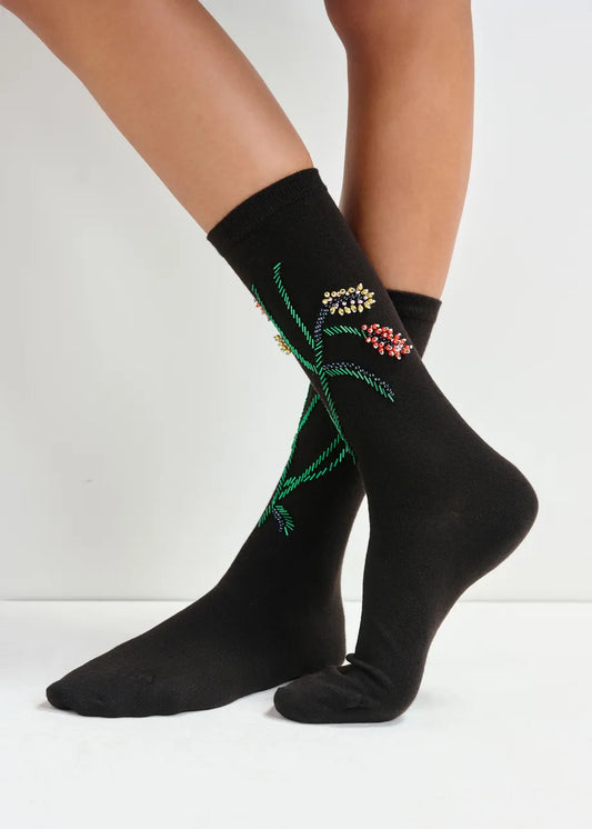 Socks with Bead Flower Embroidery in Black