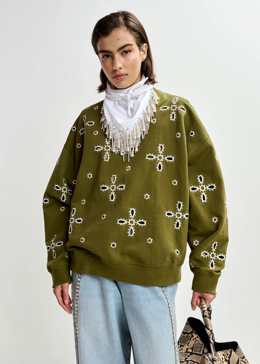 Jix Embroidered Sweatshirt in Olive