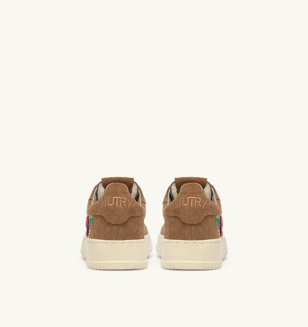 Floral Dallas Low Sneakers in Brown Suede with Pink Embroidery