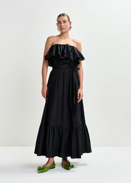 Joyce Belted Ruffle Dress in Black