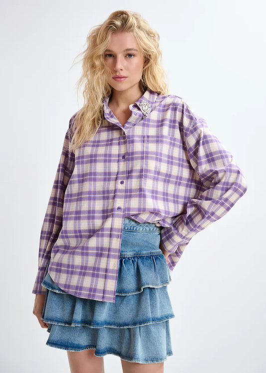 Checked Flannel Shirt with Rhinestone Embellished Collar