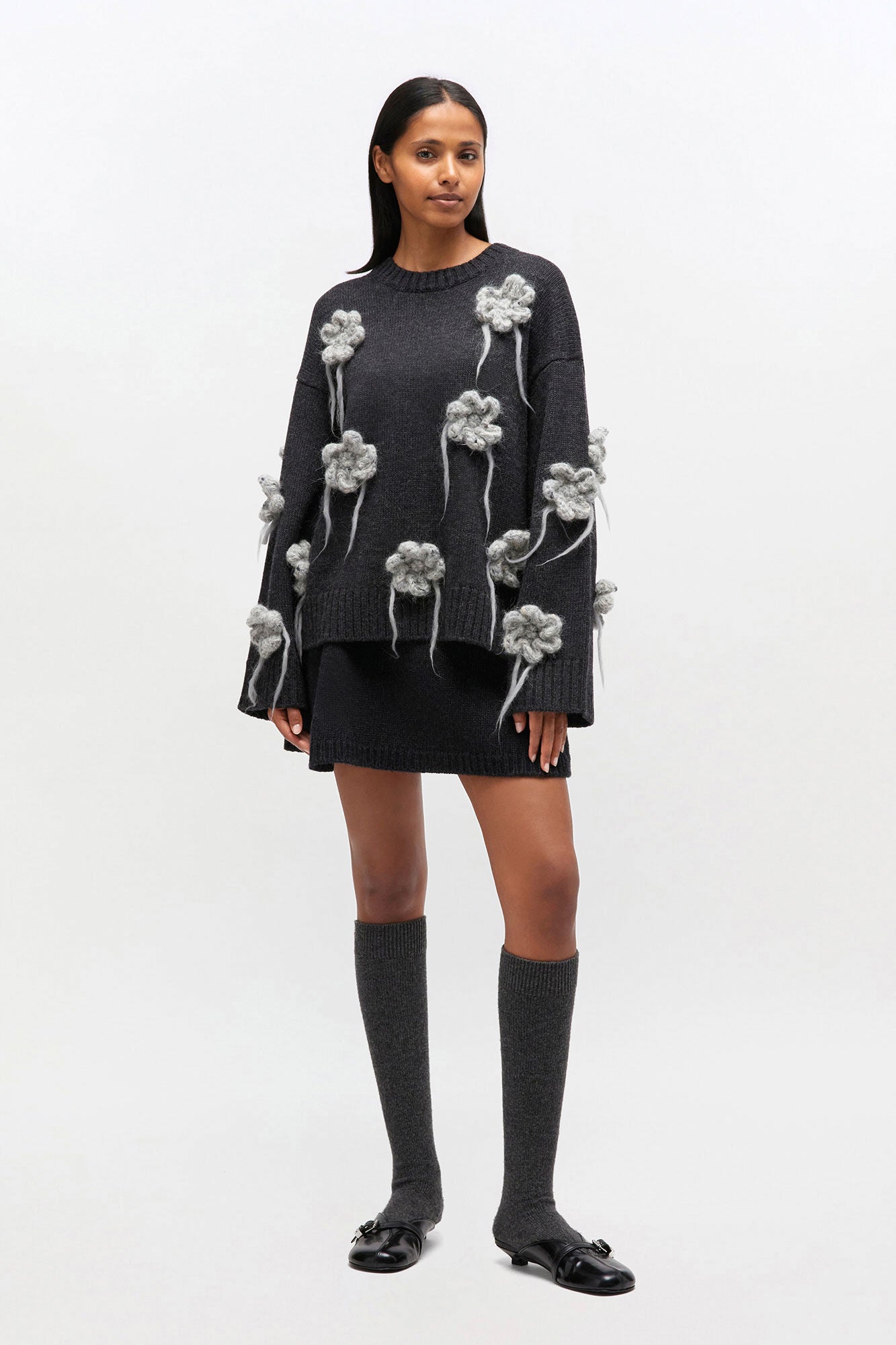 Flower Crochet Sweater in Dark Grey