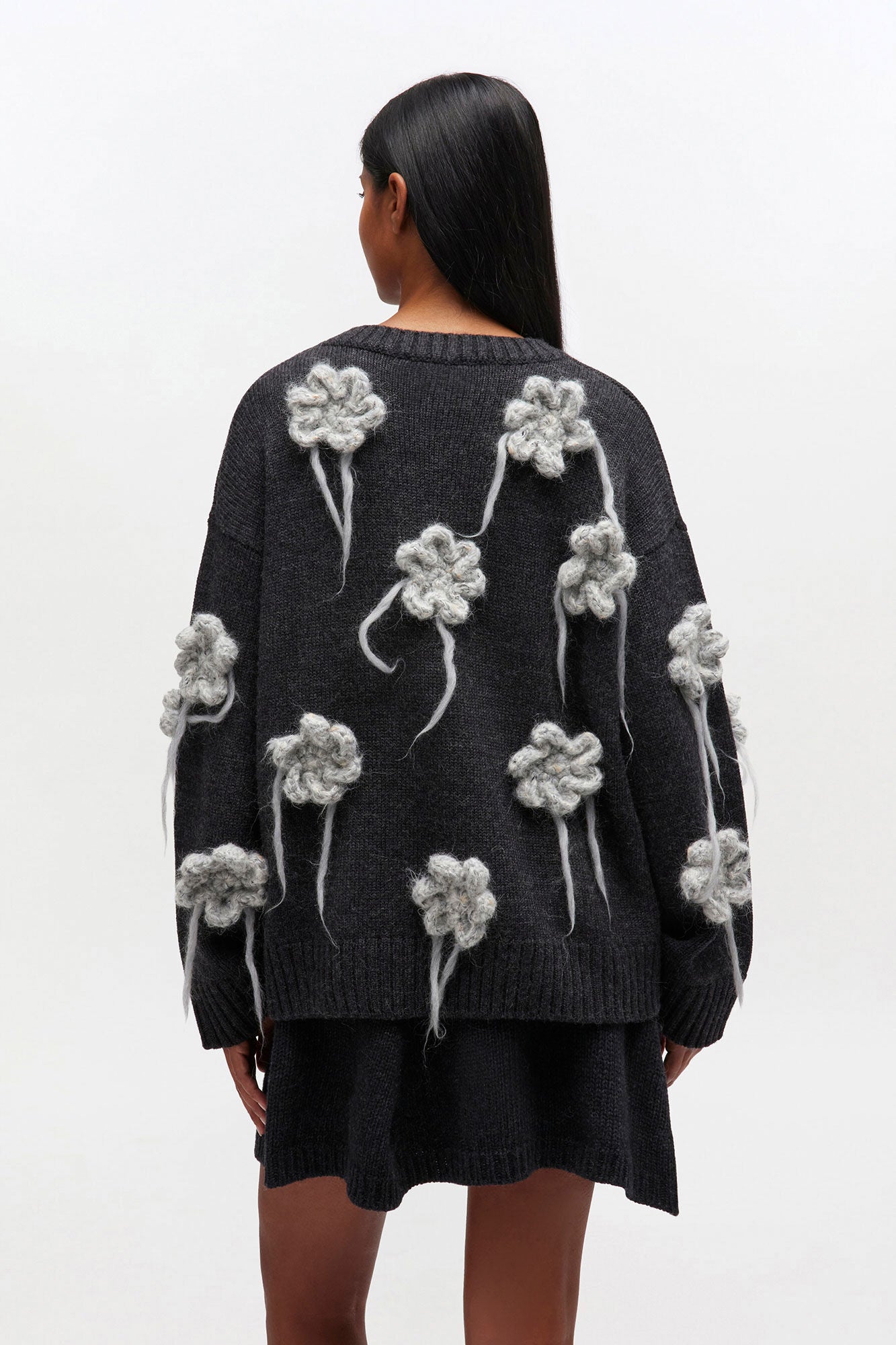 Flower Crochet Sweater in Dark Grey