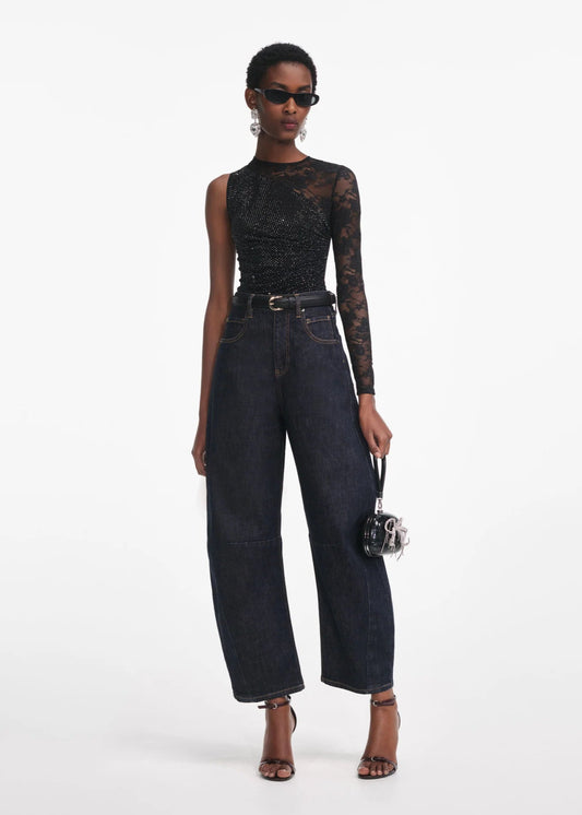 Rhinestone Lace Sleeve Top in Black