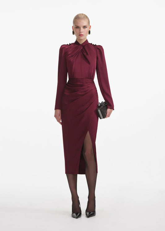 Satin Midi Dress in Burgundy