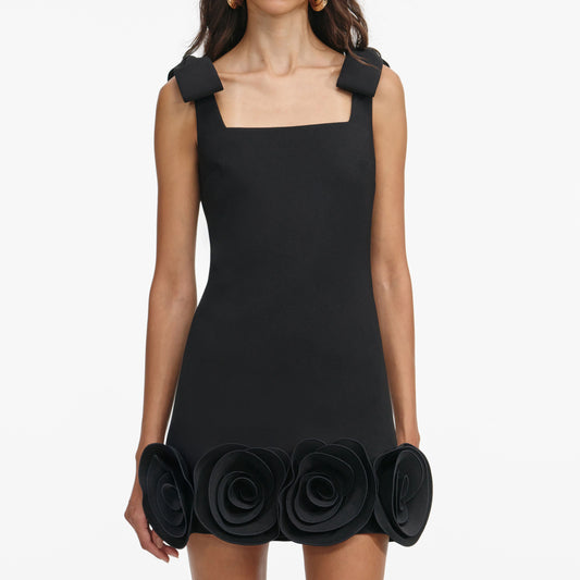Crepe 3D Flower Mini Dress in Black
