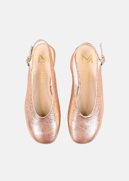 Creased Leather Slingback Mules in Rose Gold